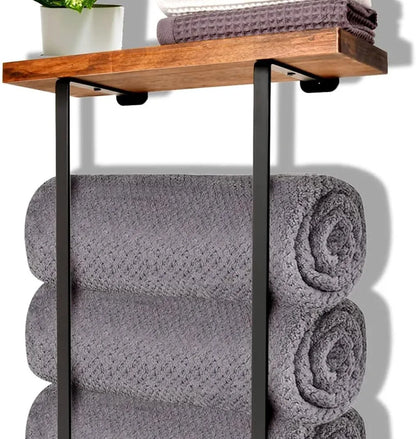 Towel Racks for Bathroom Bathroom Towel Rack Wall Mounted with L-Shaped Design Metal Towel Rack Metal Towel Holder with Wooden Shelf for Folding Large Towels Brown