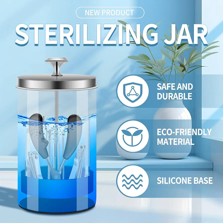 Nail Tool Disinfectant Jar - 21Oz Glass Sterilizer with Removable Strainer Tray - for Manicure & Barber Supplies Storage and OrganizationDisinfectant Jar