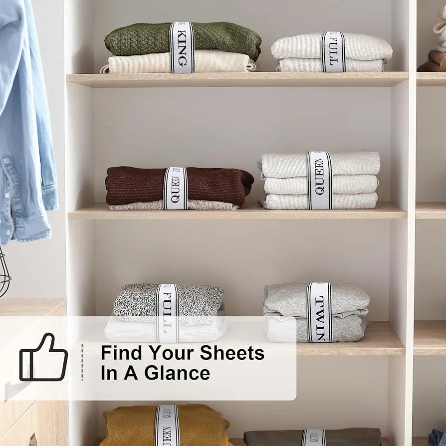ORGANIZE YOUR LINEN CLOSET: Adjustable Bed Sheet Organizer Bands with Velcro & Labels - Keep Bedding Tidy!