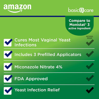 Amazon Basic Care Miconazole Nitrate Vaginal Cream , 3-day Yeast Infection Treatment for Women, 0.18 ounce - 3 count