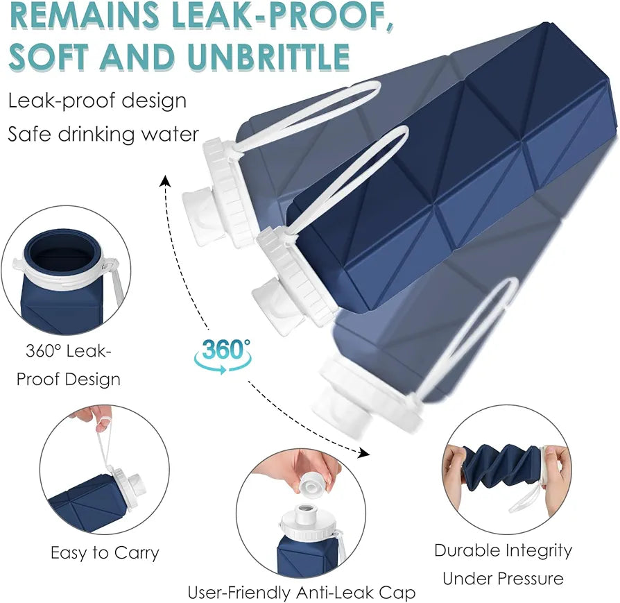 Collapsible Water bottles with Leakproof Lid –Food-Grade BPA-Free Silicone Travel Bottles–Foldable Water Bottles 610ml for Travel Gym,Hiking, Sports,Camping,Biking 20.7oz Portable Reusable