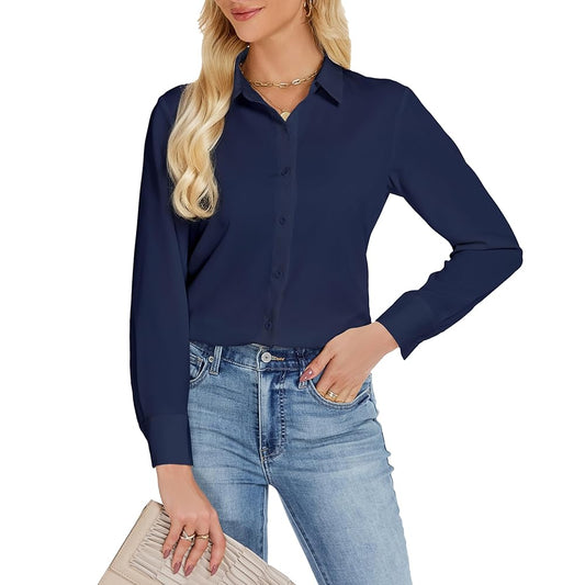 JTD Women's Wrinkle-Free Chiffon Blouses - Stylish Long Sleeve Collared Shirts for Work & Casual Wear