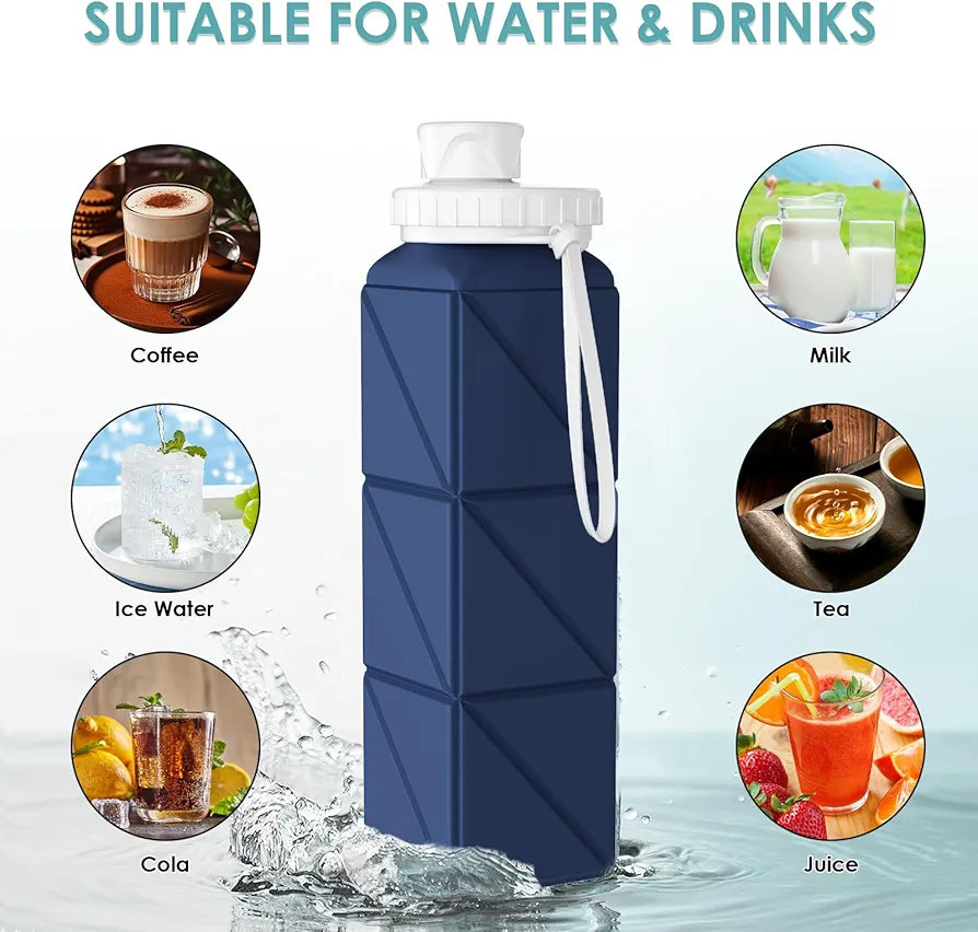 Collapsible Water bottles with Leakproof Lid –Food-Grade BPA-Free Silicone Travel Bottles–Foldable Water Bottles 610ml for Travel Gym,Hiking, Sports,Camping,Biking 20.7oz Portable Reusable