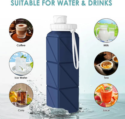 Collapsible Water bottles with Leakproof Lid –Food-Grade BPA-Free Silicone Travel Bottles–Foldable Water Bottles 610ml for Travel Gym,Hiking, Sports,Camping,Biking 20.7oz Portable Reusable