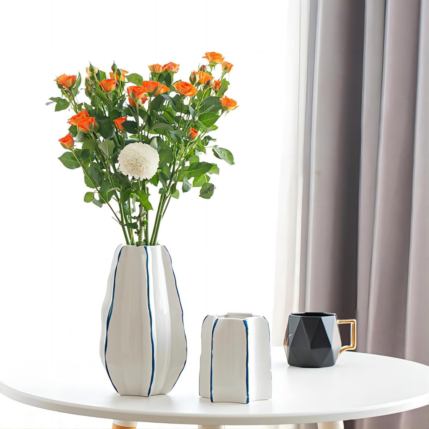 CLYANCE Ceramic Vase, Set of 2 White Hand Painted Line Boho Vases