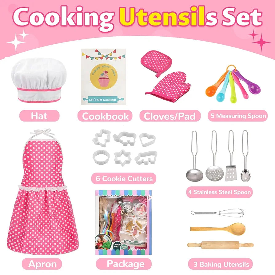 Kids Cooking Baking Set , Kids Kitchen Pretend Play Toys, Children Chef Role Play Costume Set - Chef Hat and Matching Pink Apron, Birthday Xmas Gifts for 3-8 Year Old Girls Toys
