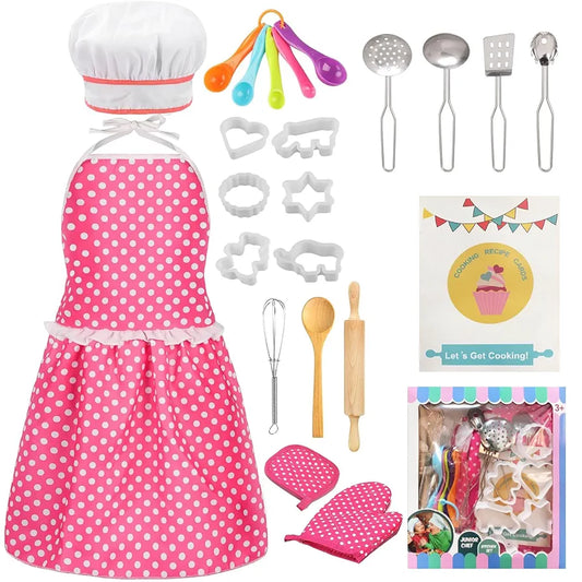 Kids Cooking Baking Set , Kids Kitchen Pretend Play Toys, Children Chef Role Play Costume Set - Chef Hat and Matching Pink Apron, Birthday Xmas Gifts for 3-8 Year Old Girls Toys