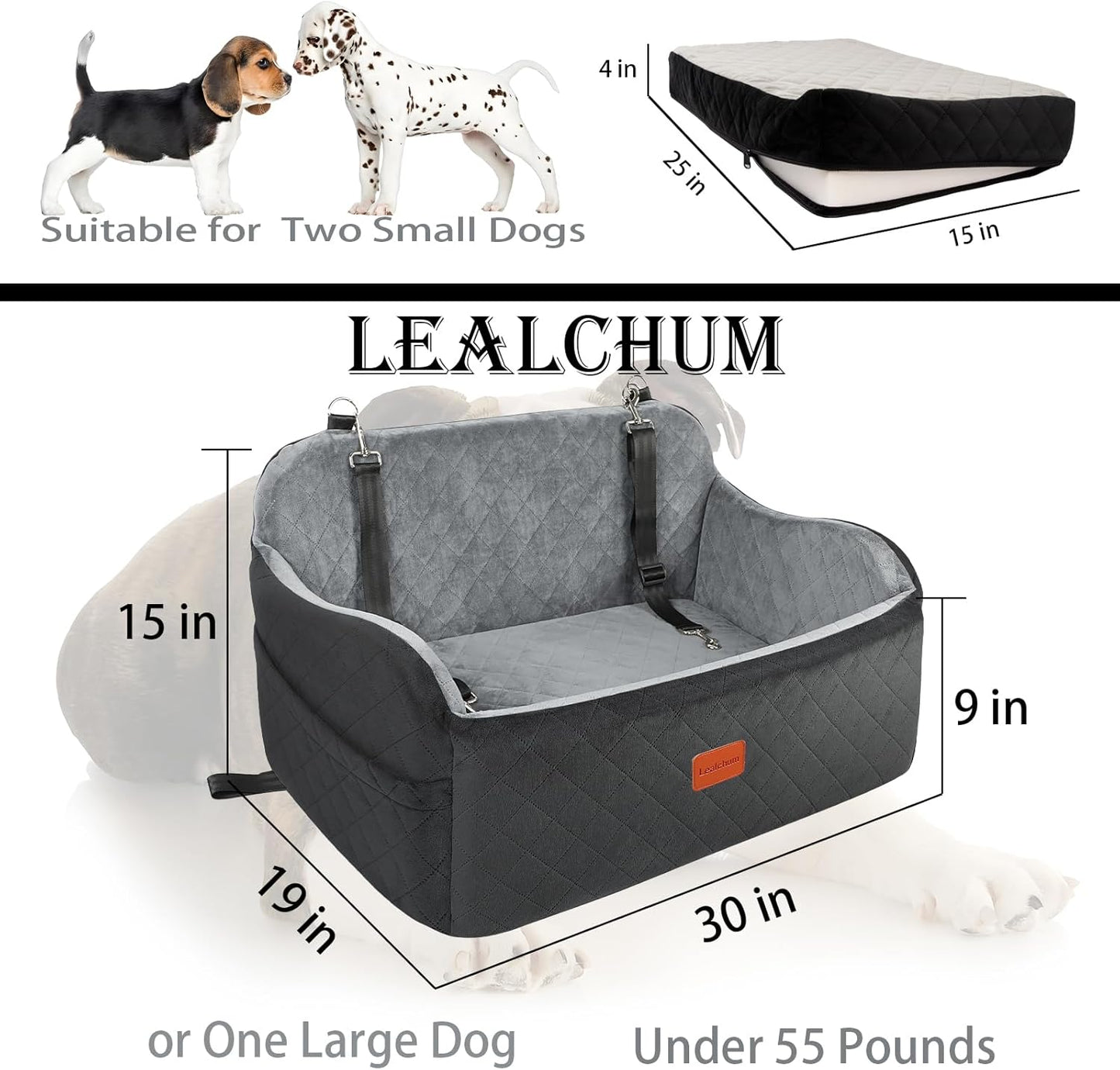 Dog Car Seat Up to 55lb,2 Clip-On Safety (Black/Grey, Large)