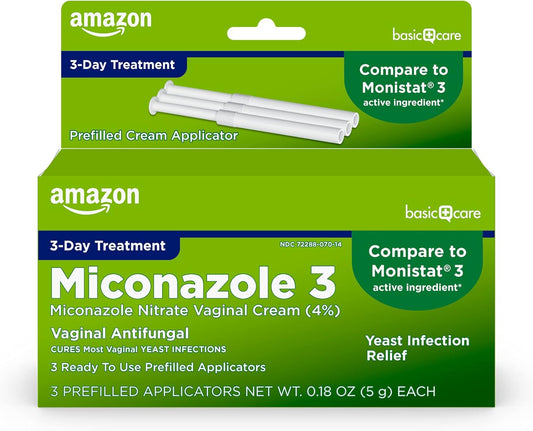 Amazon Basic Care Miconazole Nitrate Vaginal Cream , 3-day Yeast Infection Treatment for Women, 0.18 ounce - 3 count