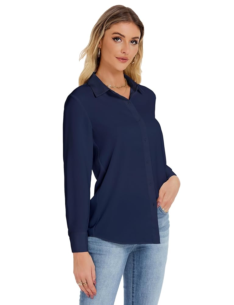 JTD Women's Wrinkle-Free Chiffon Blouses - Stylish Long Sleeve Collared Shirts for Work & Casual Wear