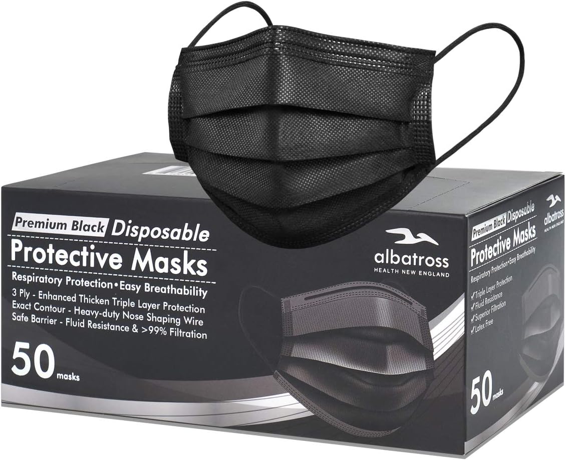 Albatross Health New England Disposable 3 ply Face Masks Pack of 50 pcs/box, Black