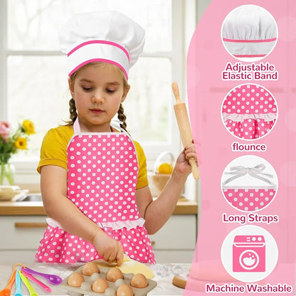 Kids Cooking Baking Set , Kids Kitchen Pretend Play Toys, Children Chef Role Play Costume Set - Chef Hat and Matching Pink Apron, Birthday Xmas Gifts for 3-8 Year Old Girls Toys