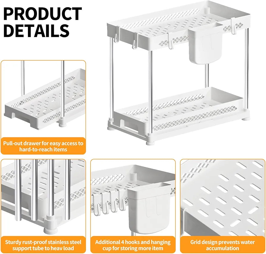 Under Sink Organizers, 2 Pack Multi-Purpose Pull-out Bathroom Organizers and Storage, 2 Tier Kitchen and Bathroom Sink Cabinet Organizer with Sliding Drawer, White