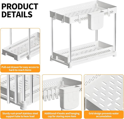 Under Sink Organizers, 2 Pack Multi-Purpose Pull-out Bathroom Organizers and Storage, 2 Tier Kitchen and Bathroom Sink Cabinet Organizer with Sliding Drawer, White