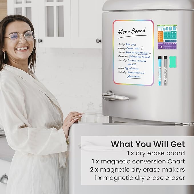 Premium Magnetic Dry Erase Board for Fridge - 12"x8" Kitchen Whiteboard Organizer with Eraser, Markers & Conversion Chart - Perfect for Notes & To-Do Lists