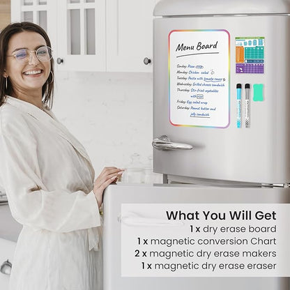 Premium Magnetic Dry Erase Board for Fridge - 12"x8" Kitchen Whiteboard Organizer with Eraser, Markers & Conversion Chart - Perfect for Notes & To-Do Lists