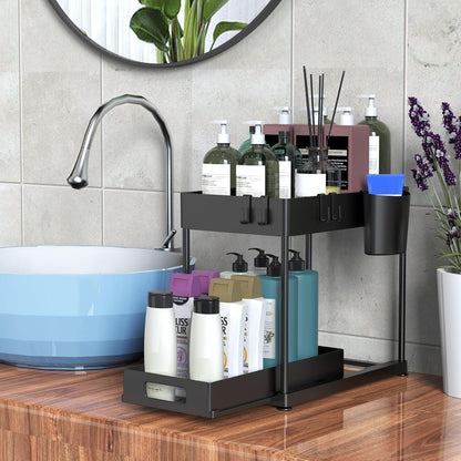 Black Under Sink Organizers, 2 Pack Multi-Purpose Pull-out Bathroom Organizers and Storage, 2 Tier Kitchen and Bathroom Sink Cabinet Organizer with Sliding Drawer