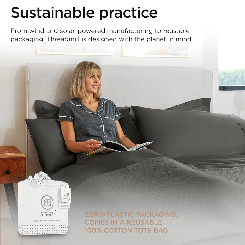 Threadmill Luxury 800 Thread Count Full Size 100% Cotton Sheets - Dark Grey Sateen Weave Bed-Sheets, Better Than Egyptian Cotton, 4 Pc Solid Bedding Set, Fits 16" Deep Pocket