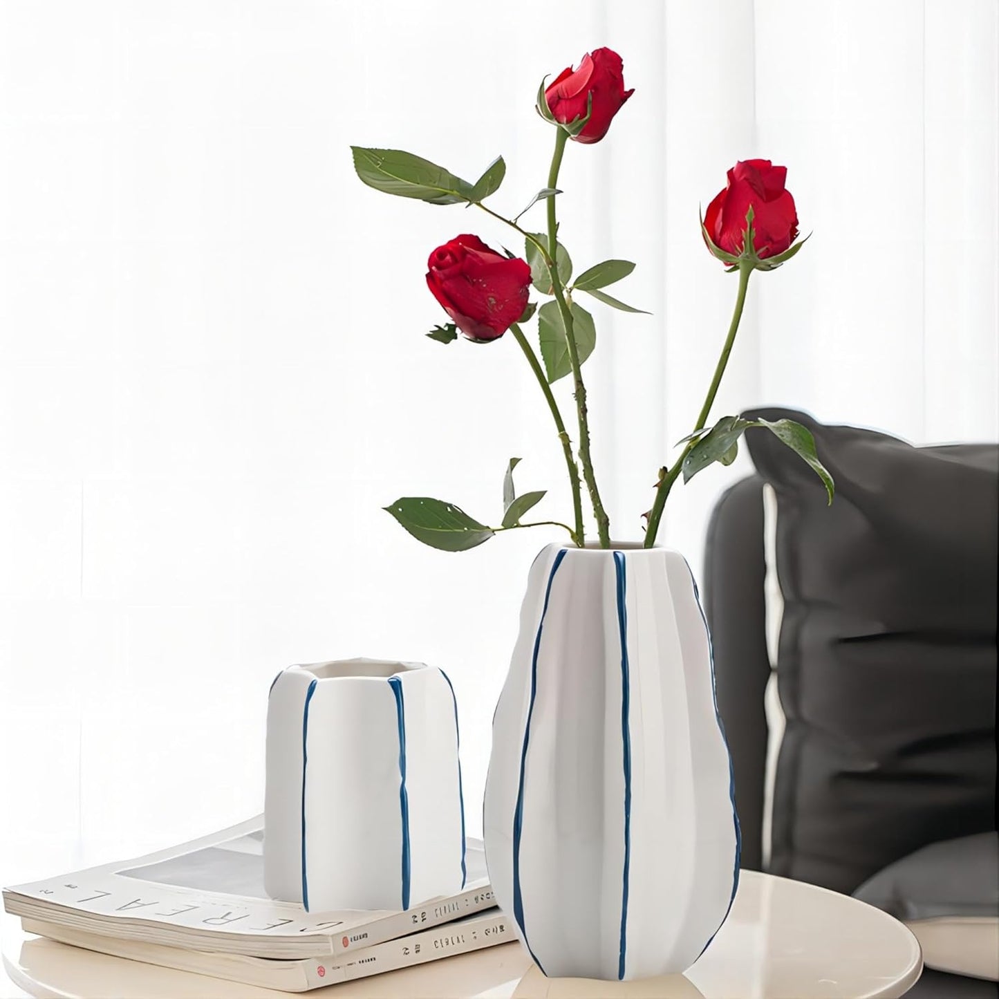 CLYANCE Ceramic Vase, Set of 2 White Hand Painted Line Boho Vases
