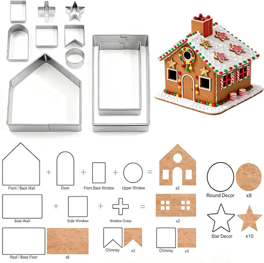 10Pcs Gingerbread House Cookie Cutters Set for Christmas Winter Holiday Baking and Decoration, Stainless Steel 3D Gingerbread House Kit for Kids Adults, Gift Package