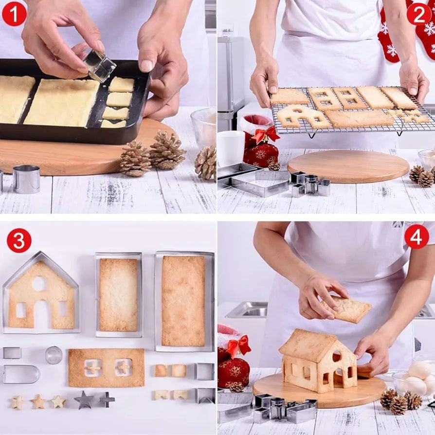 10Pcs Gingerbread House Cookie Cutters Set for Christmas Winter Holiday Baking and Decoration, Stainless Steel 3D Gingerbread House Kit for Kids Adults, Gift Package