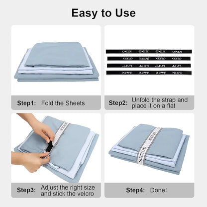 ORGANIZE YOUR LINEN CLOSET: Adjustable Bed Sheet Organizer Bands with Velcro & Labels - Keep Bedding Tidy!