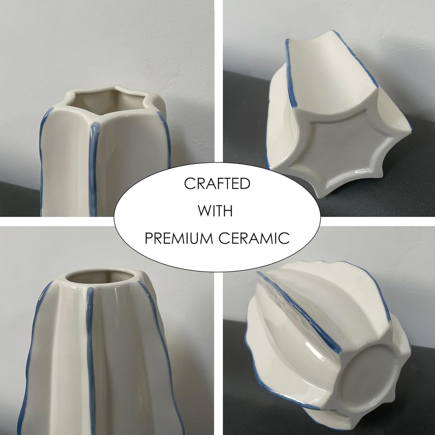CLYANCE Ceramic Vase, Set of 2 White Hand Painted Line Boho Vases
