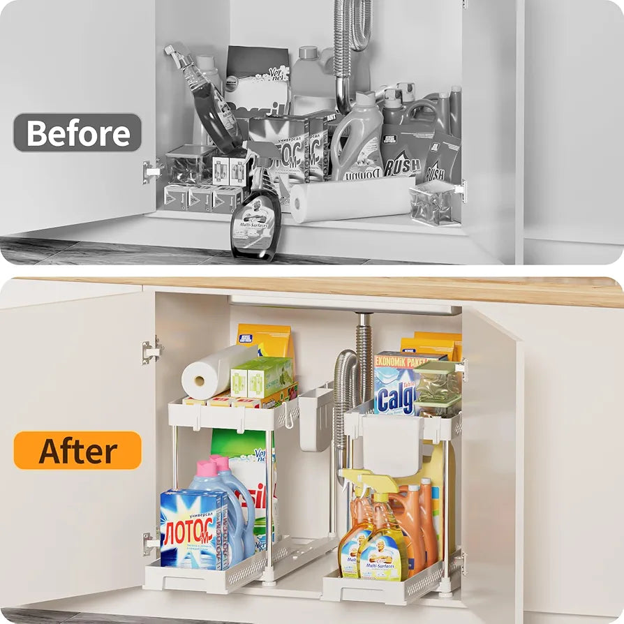 Under Sink Organizers, 2 Pack Multi-Purpose Pull-out Bathroom Organizers and Storage, 2 Tier Kitchen and Bathroom Sink Cabinet Organizer with Sliding Drawer, White