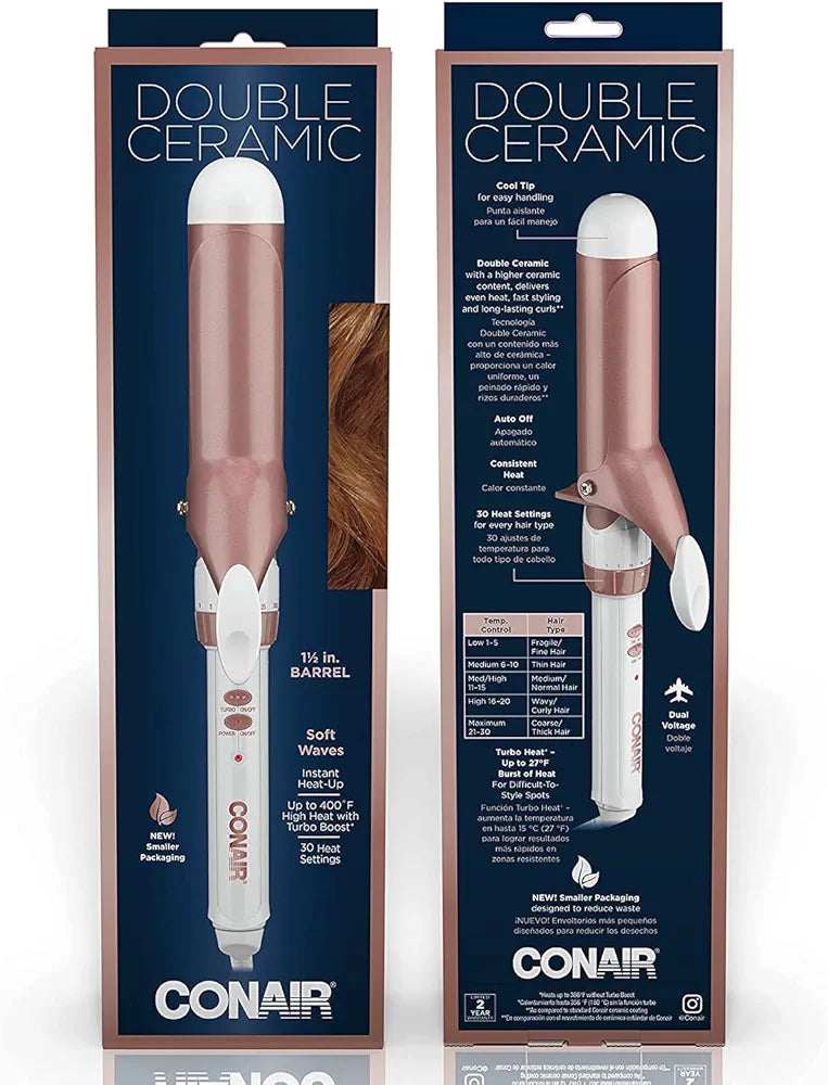 Conair Double Ceramic 1 1/2-Inch Curling Iron, 1 ½ inch barrel produces soft waves – for use on medium and long hair