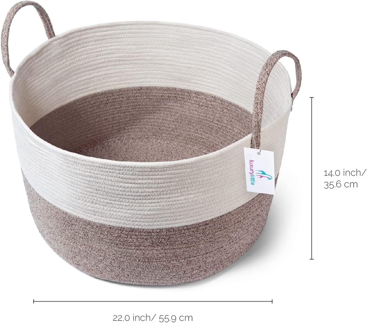 Luxury Little XXXL Nursery Storage Basket, 22 x 22 x 14 inches - 100% Cotton Rope Basket with Handles, Laundry Basket for Toys, Blankets and Pillows - Off White & Beige