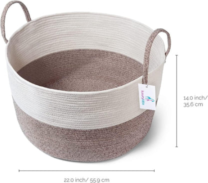 Luxury Little XXXL Nursery Storage Basket, 22 x 22 x 14 inches - 100% Cotton Rope Basket with Handles, Laundry Basket for Toys, Blankets and Pillows - Off White & Beige