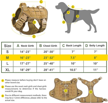 Tactical Dog Harness No-pull, adjustable, with handle, Molle & loop panels, Khaki, Medium.