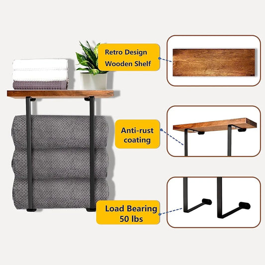 Towel Racks for Bathroom Bathroom Towel Rack Wall Mounted with L-Shaped Design Metal Towel Rack Metal Towel Holder with Wooden Shelf for Folding Large Towels Brown