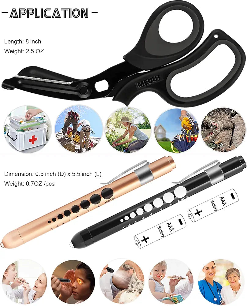 MEUUT 3 Pack Medical Scissors and penlights for Nurses with Four Batteries-One 8" Patented Trauma Scissor Bandage Scissor Two LED Pen lights for Nurse Doctor EMT First Aid