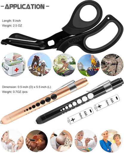 MEUUT 3 Pack Medical Scissors and penlights for Nurses with Four Batteries-One 8" Patented Trauma Scissor Bandage Scissor Two LED Pen lights for Nurse Doctor EMT First Aid