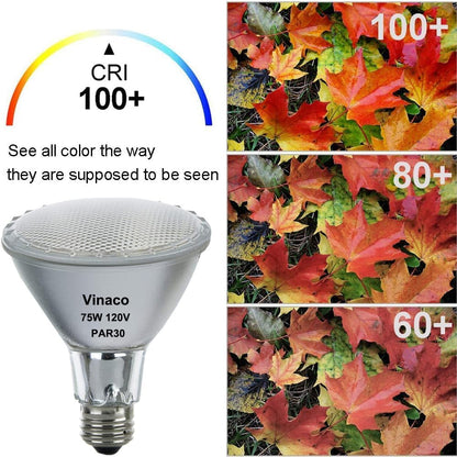 Vinaco Halogen PAR30 Long Neck 75W 120V 1000LM, 6 Pack High Output Halogen PAR30 Dimmable 3000K Warm White with E26 Base, Long Lifespan Long Neck Flood Light Bulb with CRI100 for Tracking Lighting