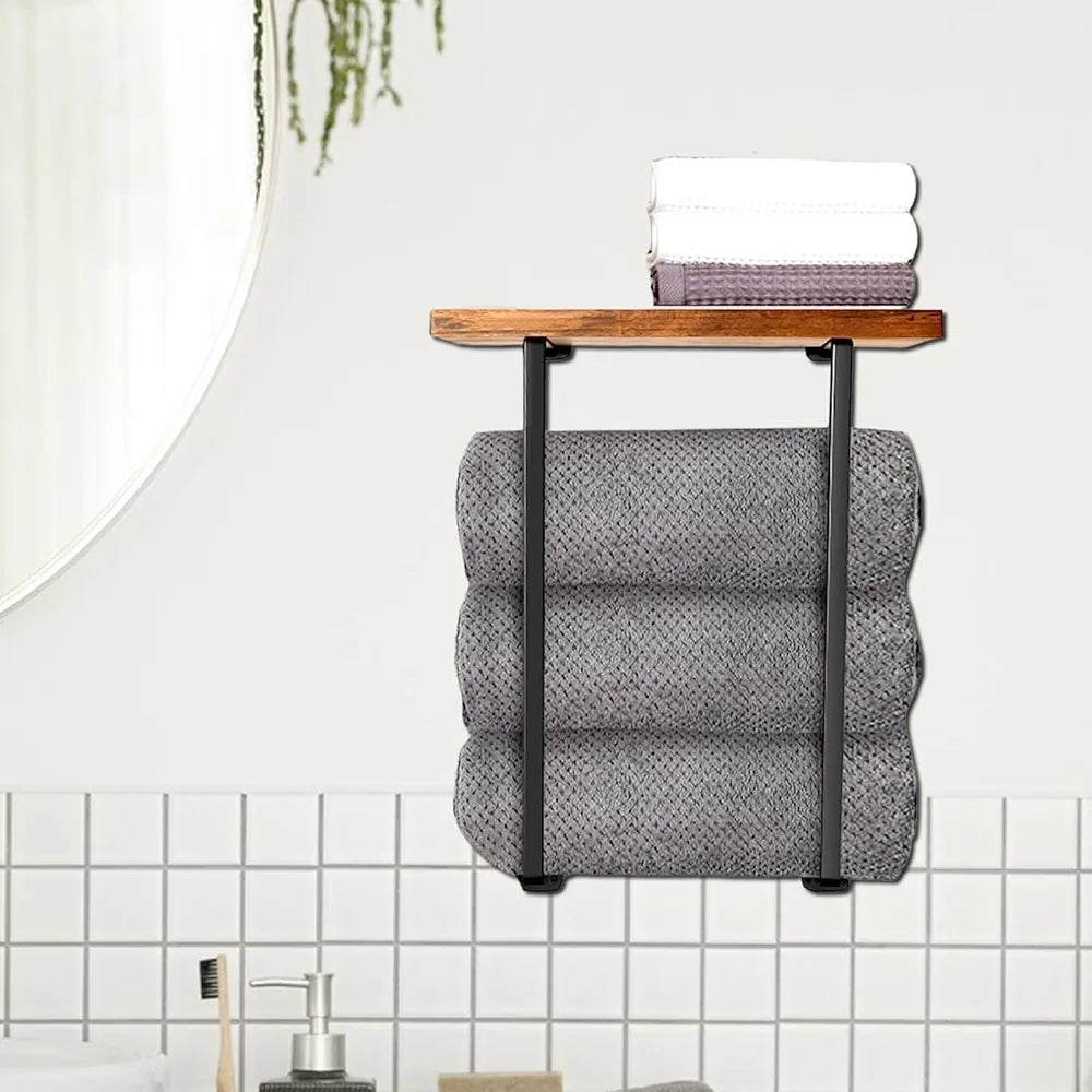 Towel Racks for Bathroom Bathroom Towel Rack Wall Mounted with L-Shaped Design Metal Towel Rack Metal Towel Holder with Wooden Shelf for Folding Large Towels Brown