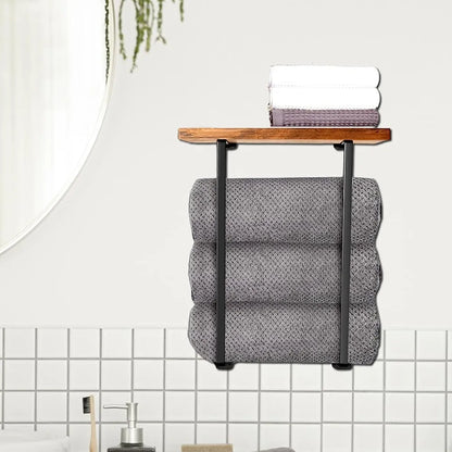 Towel Racks for Bathroom Bathroom Towel Rack Wall Mounted with L-Shaped Design Metal Towel Rack Metal Towel Holder with Wooden Shelf for Folding Large Towels Brown