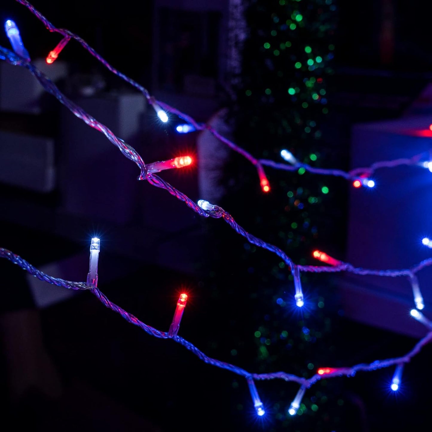 String Lights 300 LED 100 FT, Waterproof, 8 Modes, Blue/Red/White, for Indoor/Outdoor Decor