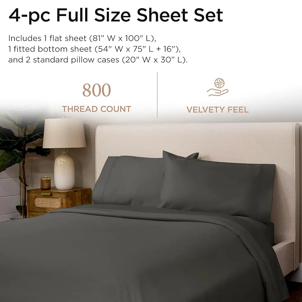 Threadmill Luxury 800 Thread Count Full Size 100% Cotton Sheets - Dark Grey Sateen Weave Bed-Sheets, Better Than Egyptian Cotton, 4 Pc Solid Bedding Set, Fits 16" Deep Pocket