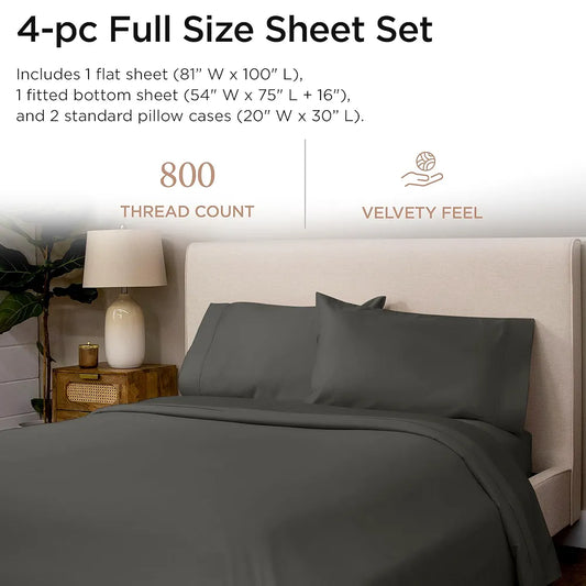 Threadmill Luxury 800 Thread Count Full Size 100% Cotton Sheets - Dark Grey Sateen Weave Bed-Sheets, Better Than Egyptian Cotton, 4 Pc Solid Bedding Set, Fits 16" Deep Pocket