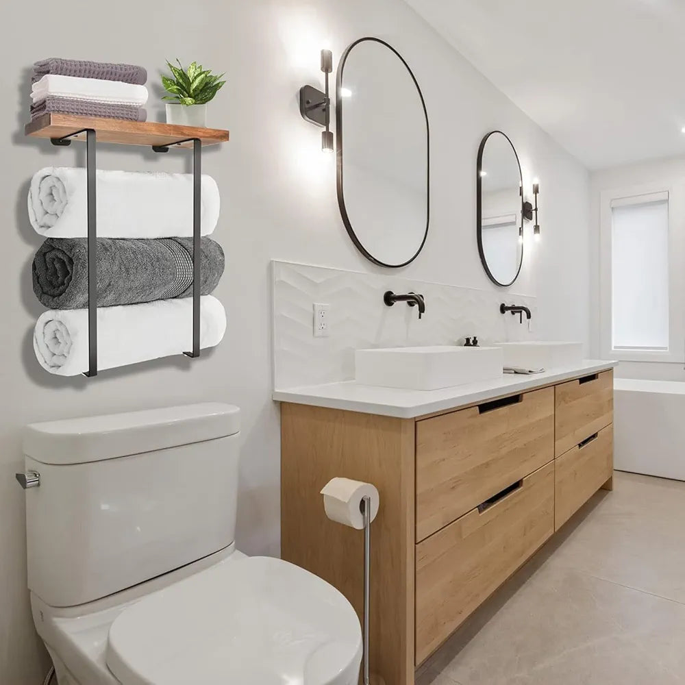 Towel Racks for Bathroom Bathroom Towel Rack Wall Mounted with L-Shaped Design Metal Towel Rack Metal Towel Holder with Wooden Shelf for Folding Large Towels Brown