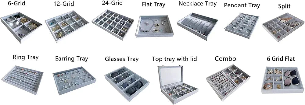 Svea Display Gryy Velvet Stackable Organizer Premium Quality Tray Drawer Inserts Divider Multi Functional Storage Closet Hallway Vanity