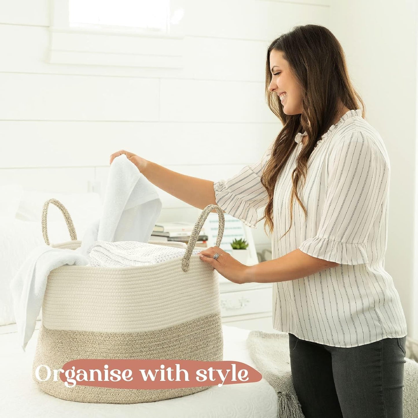 Luxury Little XXXL Nursery Storage Basket, 22 x 22 x 14 inches - 100% Cotton Rope Basket with Handles, Laundry Basket for Toys, Blankets and Pillows - Off White & Beige