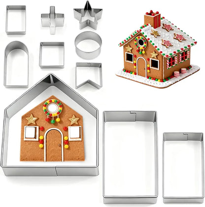 10Pcs Gingerbread House Cookie Cutters Set for Christmas Winter Holiday Baking and Decoration, Stainless Steel 3D Gingerbread House Kit for Kids Adults, Gift Package