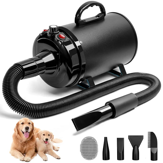 High Velocity Dog Hair Dryer 5.2HP/ 3800W Professional Dogs Blower Grooming Dryer, Adjustable Temperature and Speed Pet Dryers with 4 Nozzles and a Comb, Black