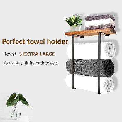Towel Racks for Bathroom Bathroom Towel Rack Wall Mounted with L-Shaped Design Metal Towel Rack Metal Towel Holder with Wooden Shelf for Folding Large Towels Brown
