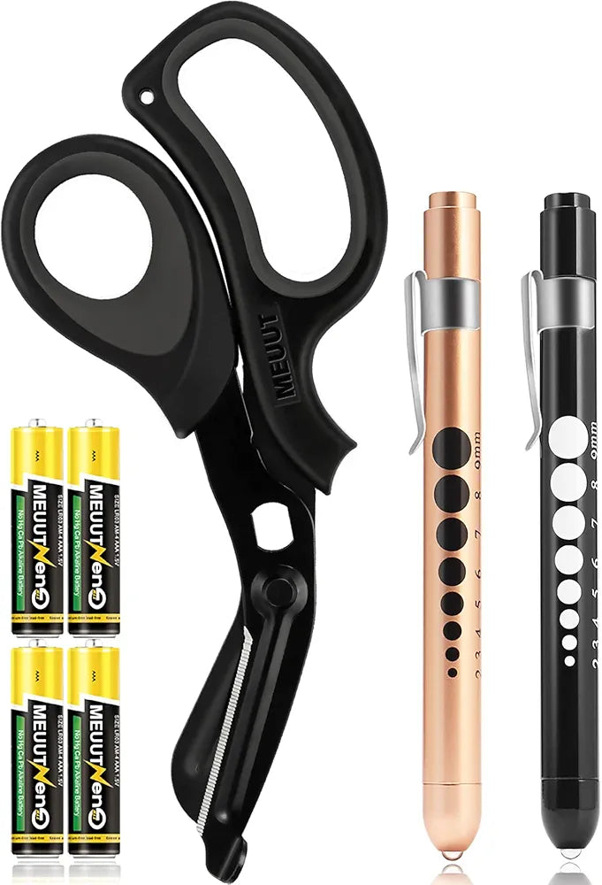 MEUUT 3 Pack Medical Scissors and penlights for Nurses with Four Batteries-One 8" Patented Trauma Scissor Bandage Scissor Two LED Pen lights for Nurse Doctor EMT First Aid