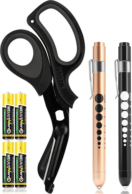 MEUUT 3 Pack Medical Scissors and penlights for Nurses with Four Batteries-One 8" Patented Trauma Scissor Bandage Scissor Two LED Pen lights for Nurse Doctor EMT First Aid