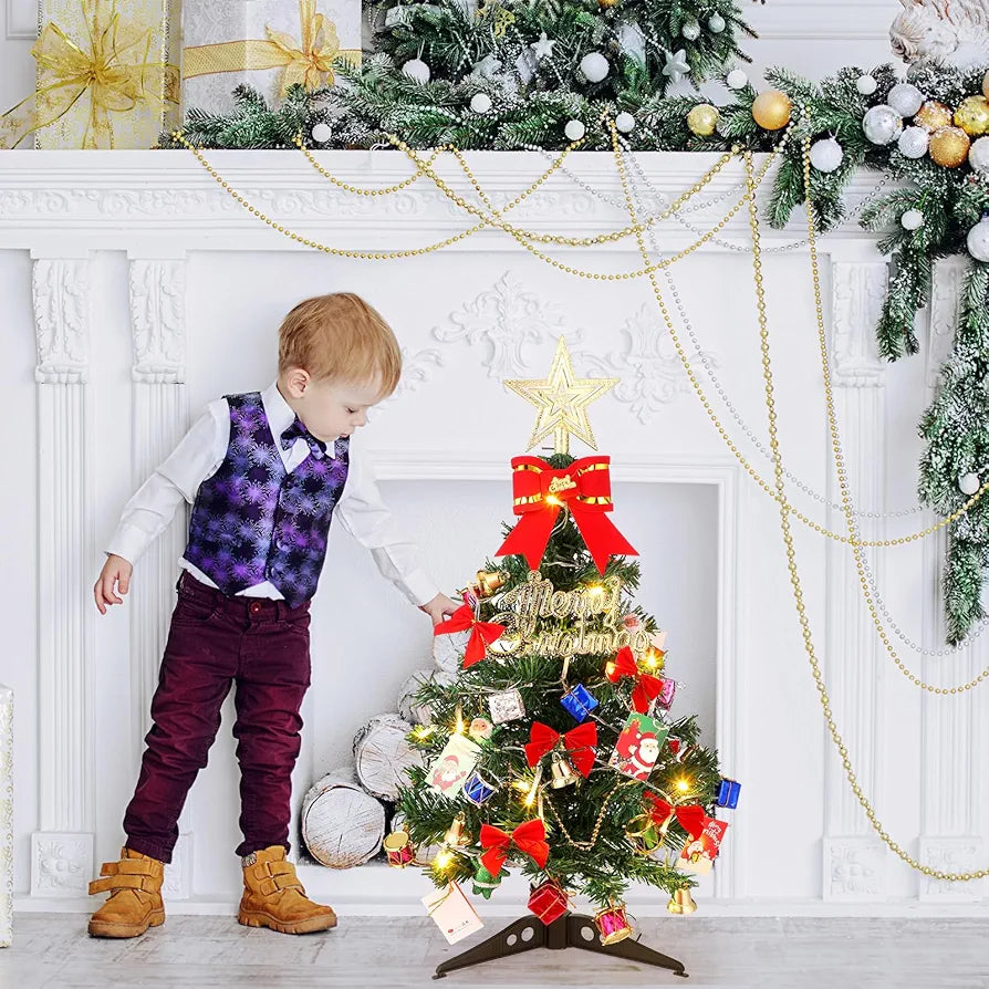 Hiboom 2 Pcs 24 Inches Mini Christmas Tree with LED Lights Tabletop Prelit Star Treetopper Small Christmas Tree Decorated Gift Boxes Hanging Ornaments for Xmas Winter Holiday DIY Decorations